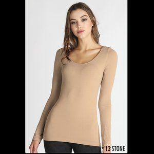NEW Stone Beige Body Flattering Long Sleeve Crew Neck Top OS